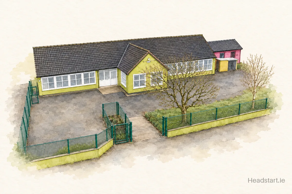 Watercolour illustration of the Ballyfinane National School building, Killarney