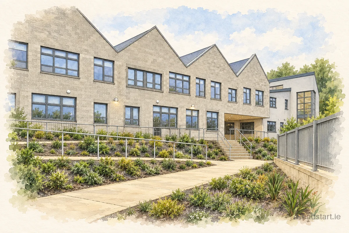 Watercolour illustration of the St Senan's National School building, Enniscorthy