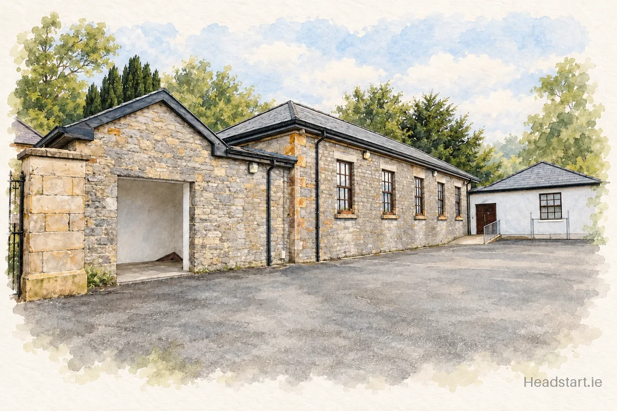 Watercolour illustration of the Manorhamilton Mastersons National School building, Manorhamilton