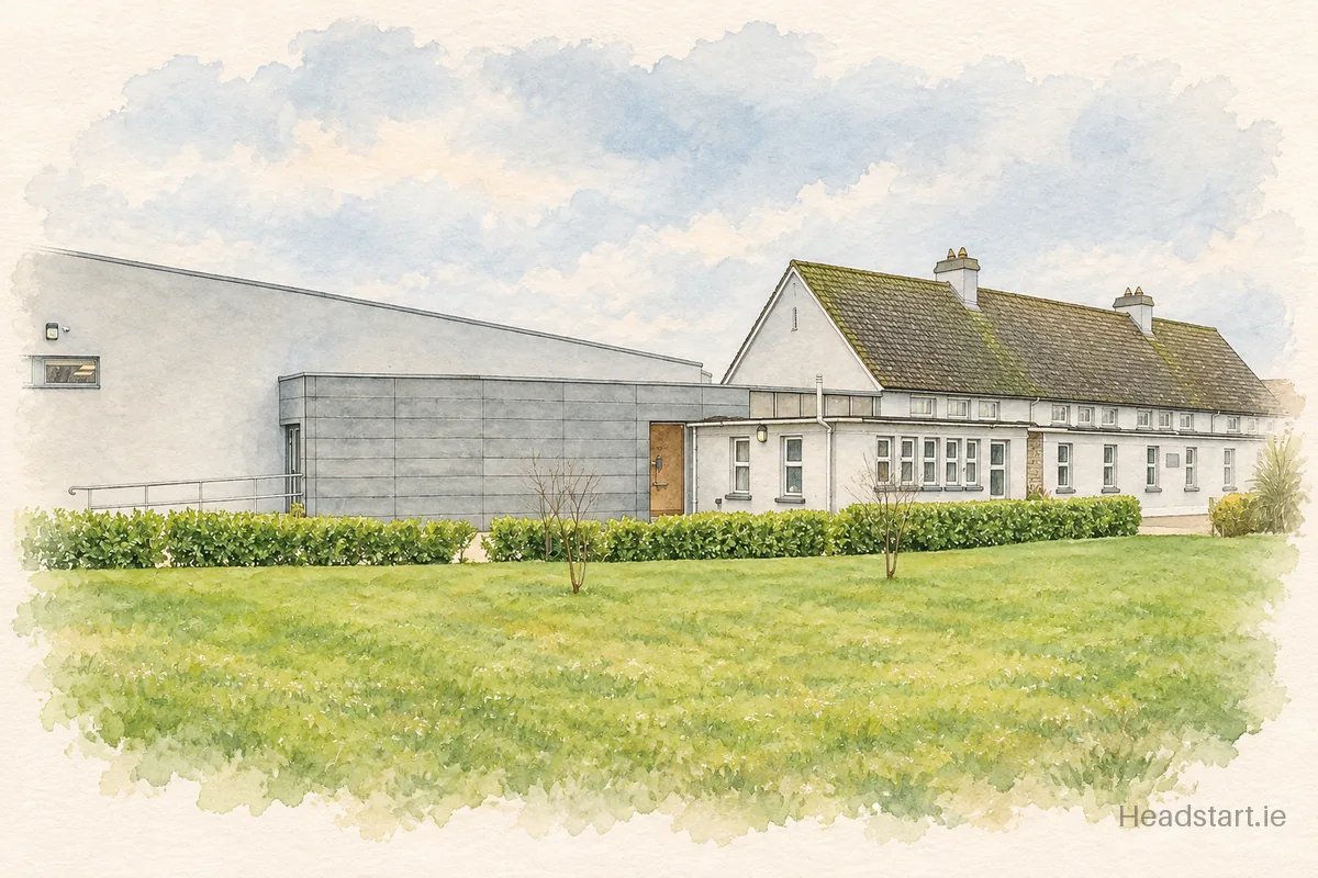 Watercolour illustration of the Bruree National School building, Bruree