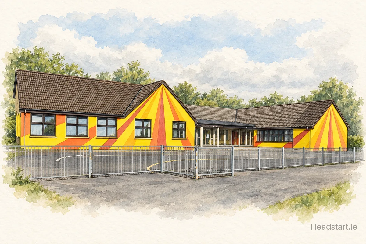 Watercolour illustration of the Bawnmore National School building, Claregalway