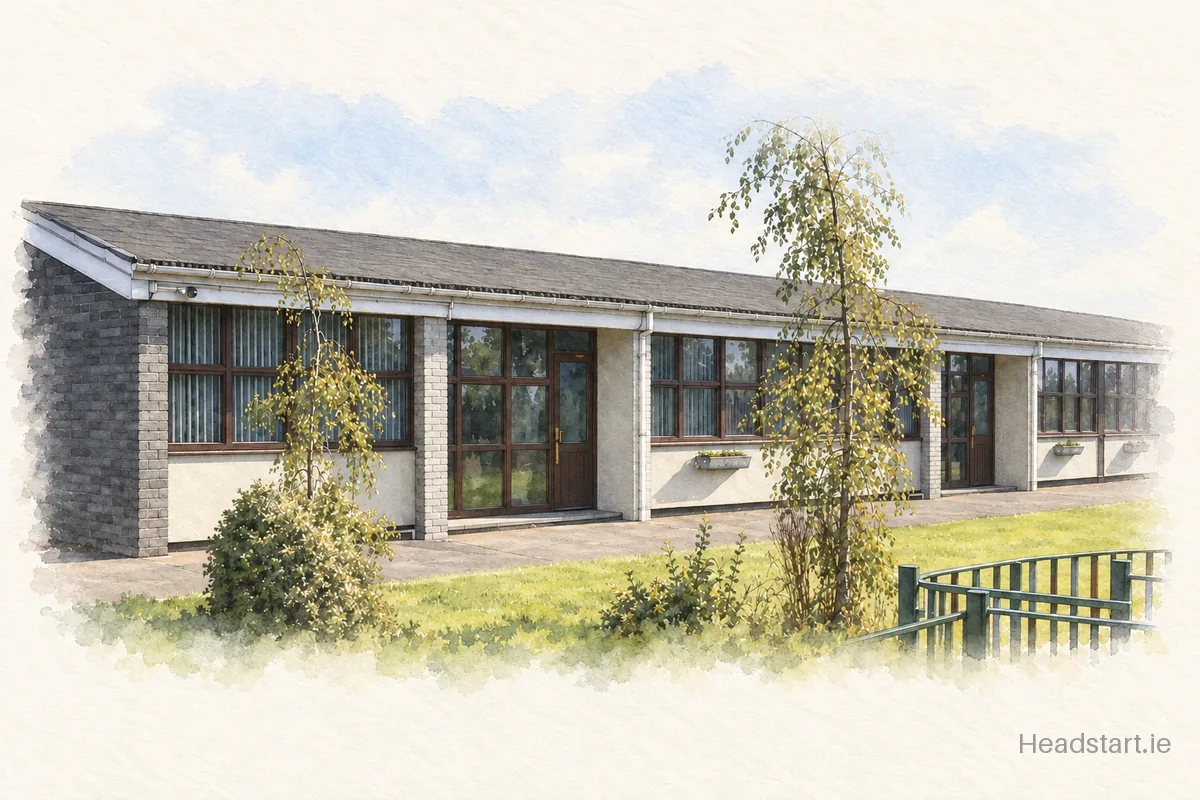 Watercolour illustration of the Carnane National School building, Kilmallock