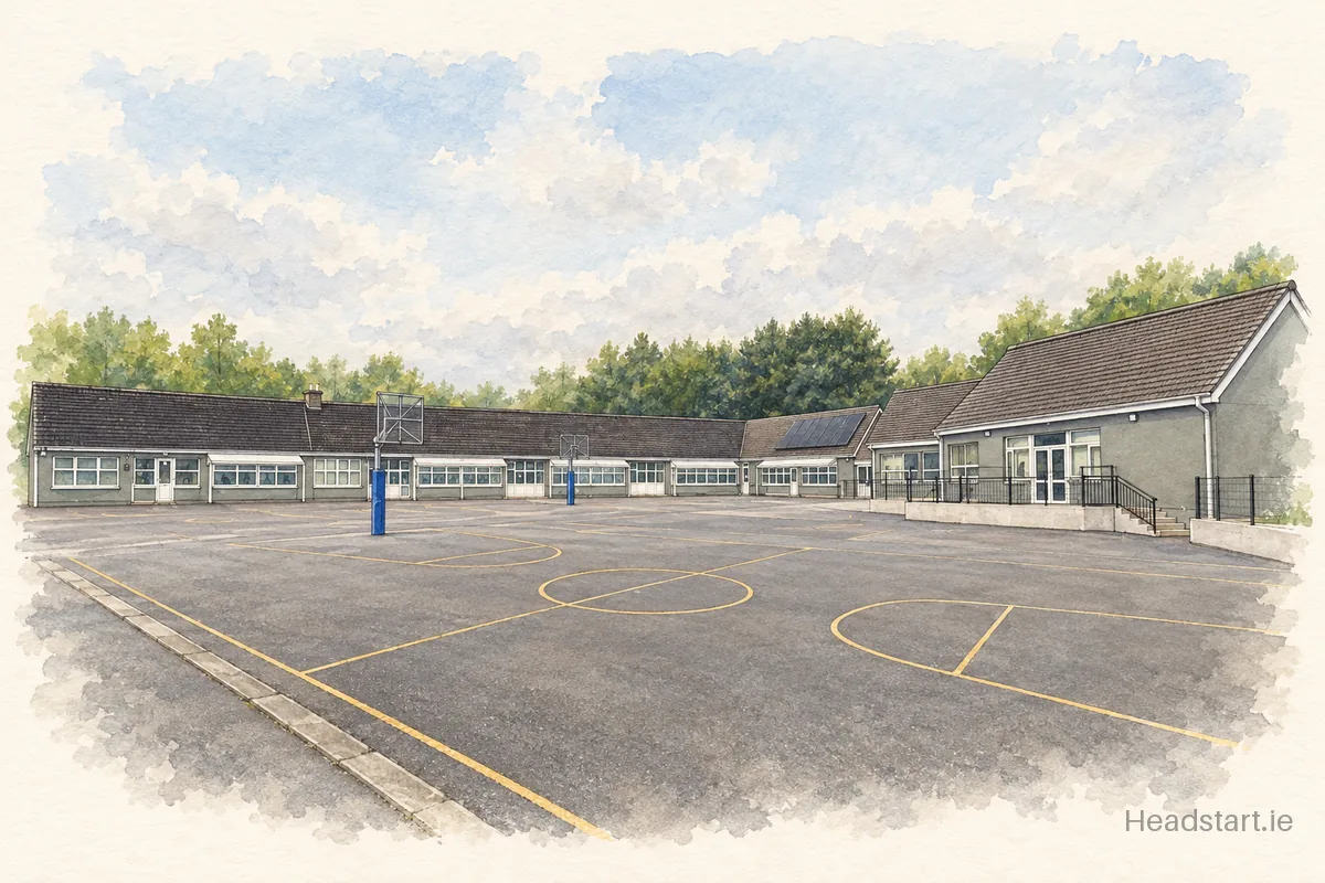 Watercolour illustration of the Castledrum National School building, Killarney