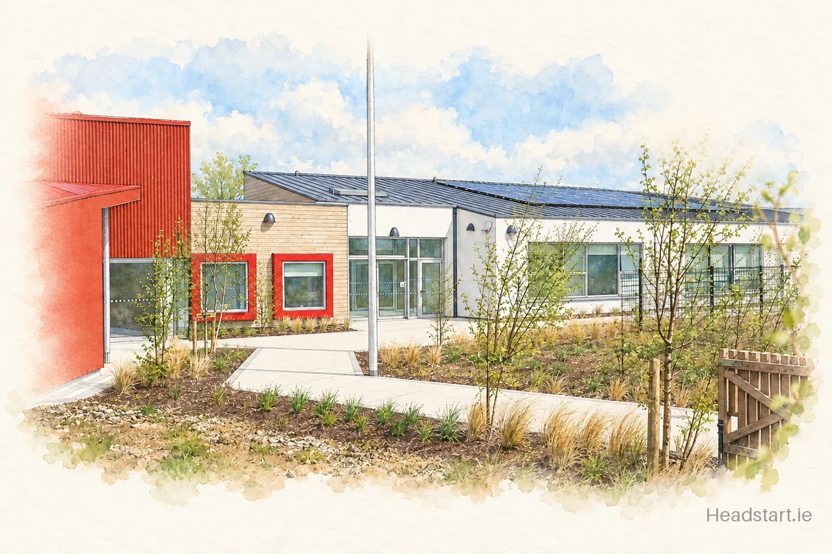 Watercolour illustration of the Scoil Náisiúnta Lios Teilic building, Tralee