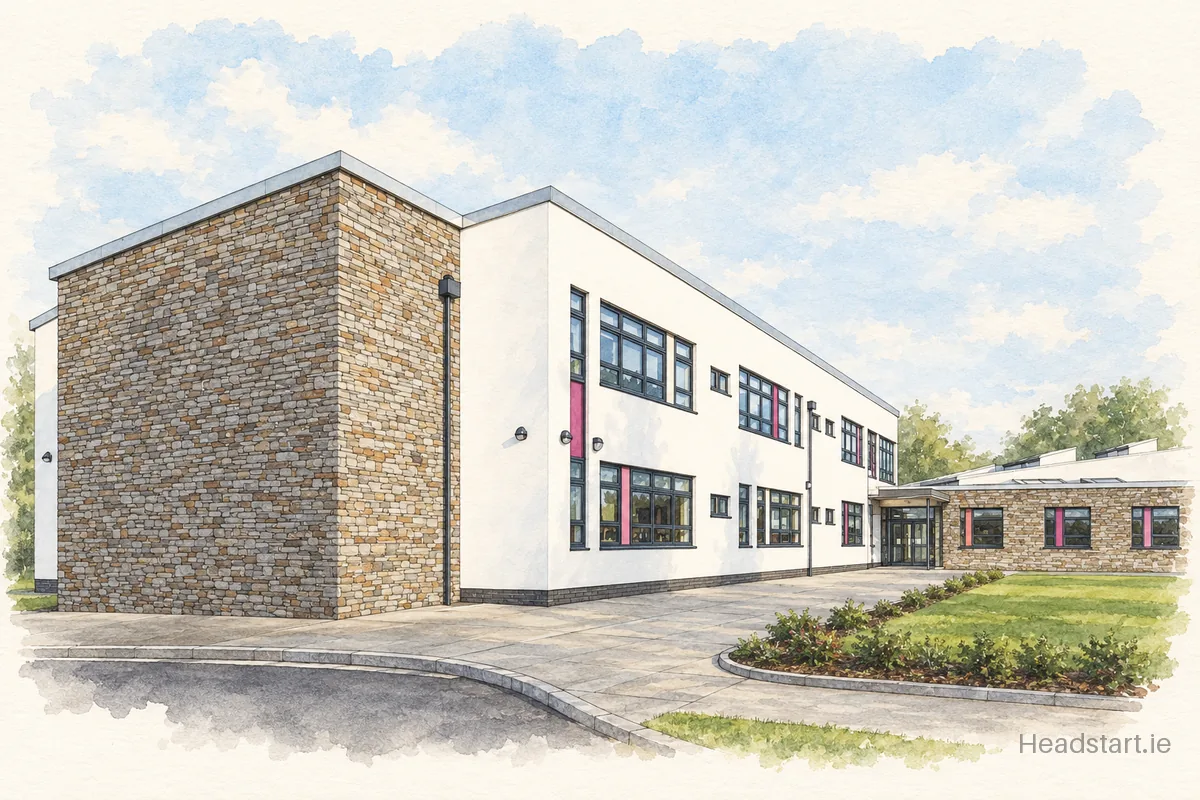 Watercolour illustration of the St Laurences National School building, Athy