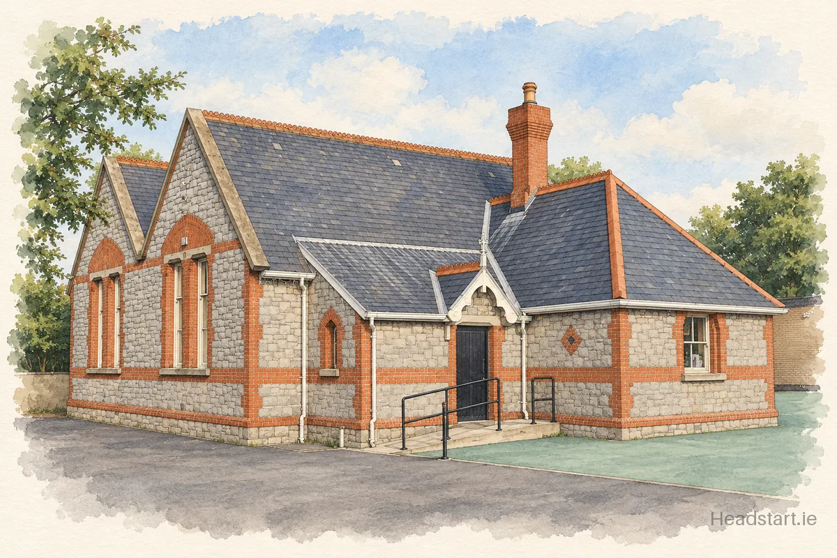 Watercolour illustration of the Burrows National School building, Sutton