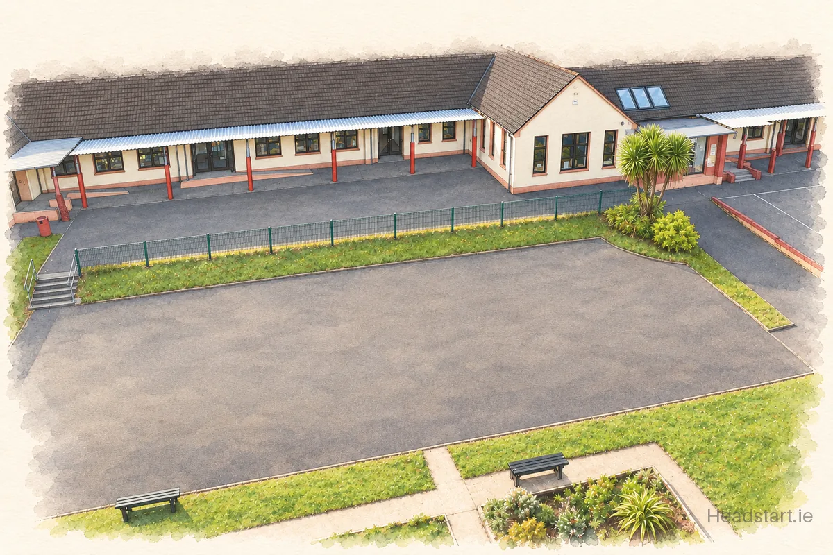 Watercolour illustration of the St Francis National School building, Donegal