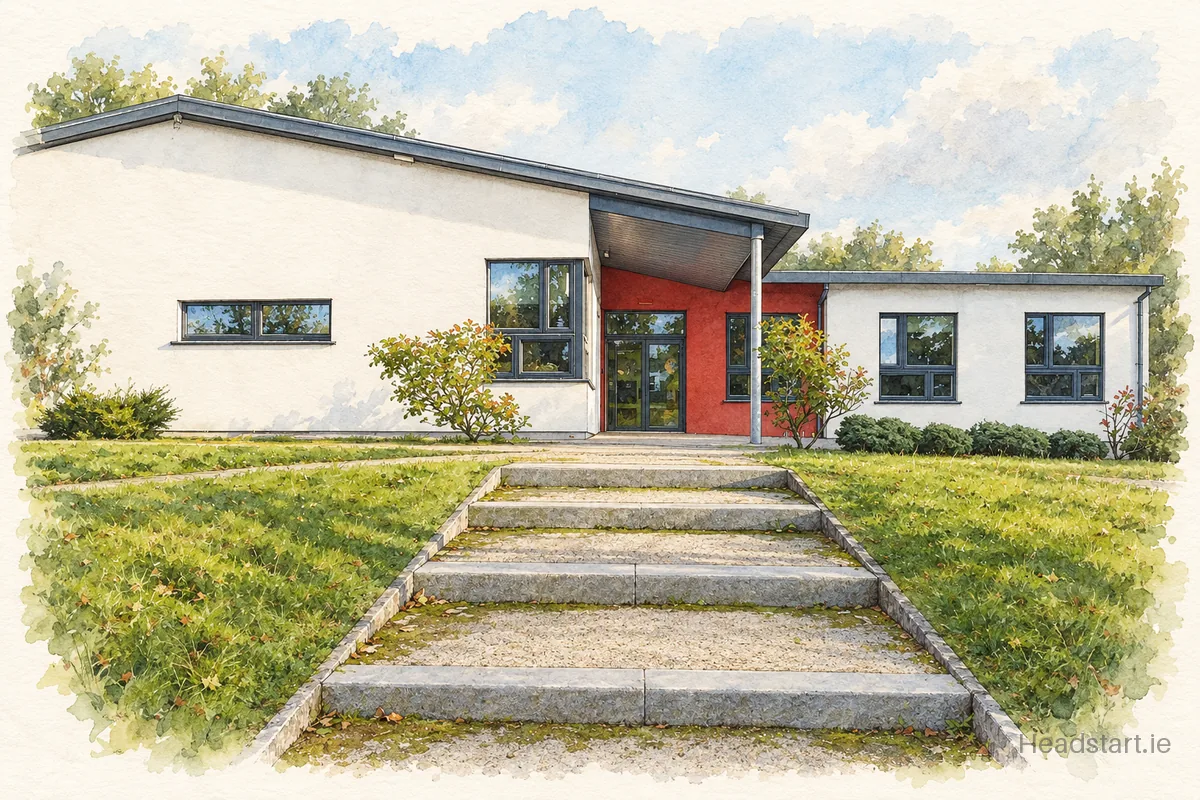 Watercolour illustration of the Powerscourt National School building, Enniskerry