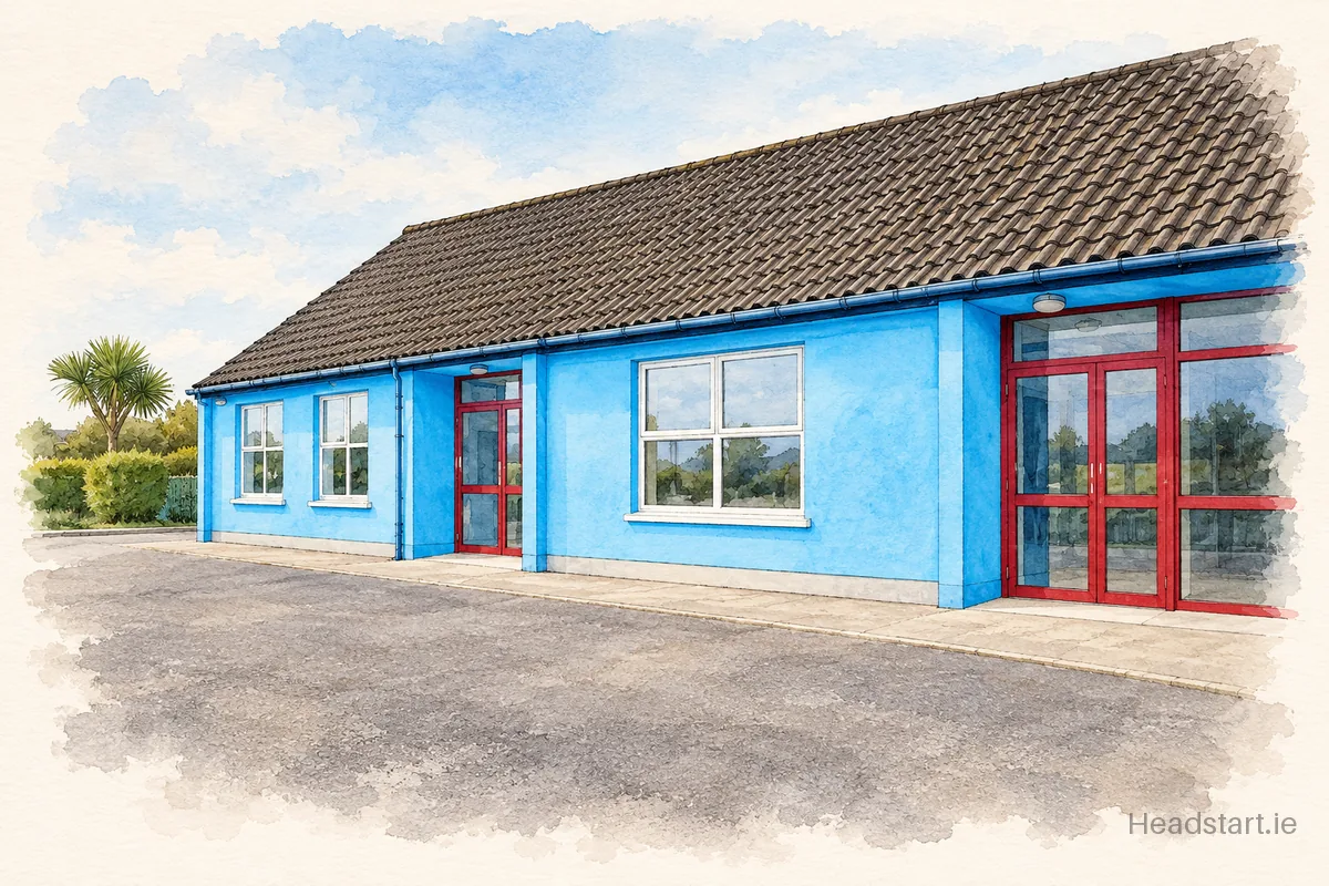 Watercolour illustration of the Aghatubrid National School building, Caherciveen