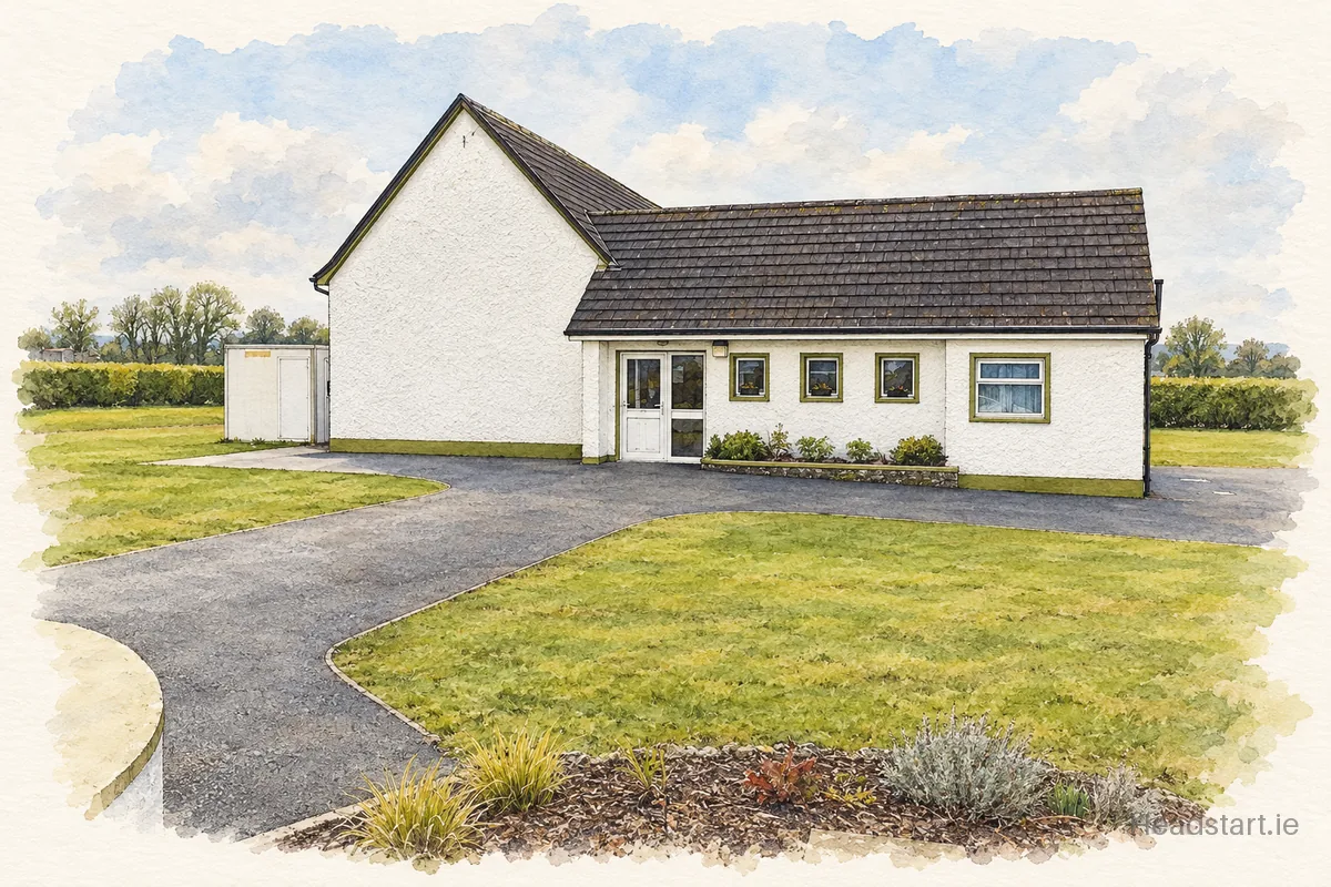 Watercolour illustration of the Scoil Náisiúnta Naomh Treasa building, Ballinasloe