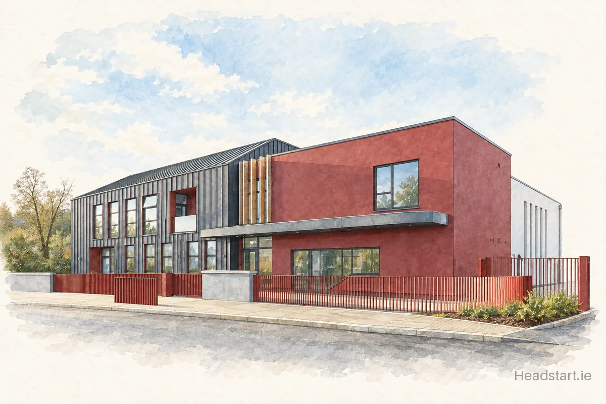 Watercolour illustration of the Scoil Mhuire building, Monaghan