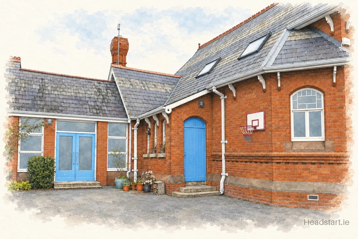 Watercolour illustration of the All Saints National School building, Blackrock