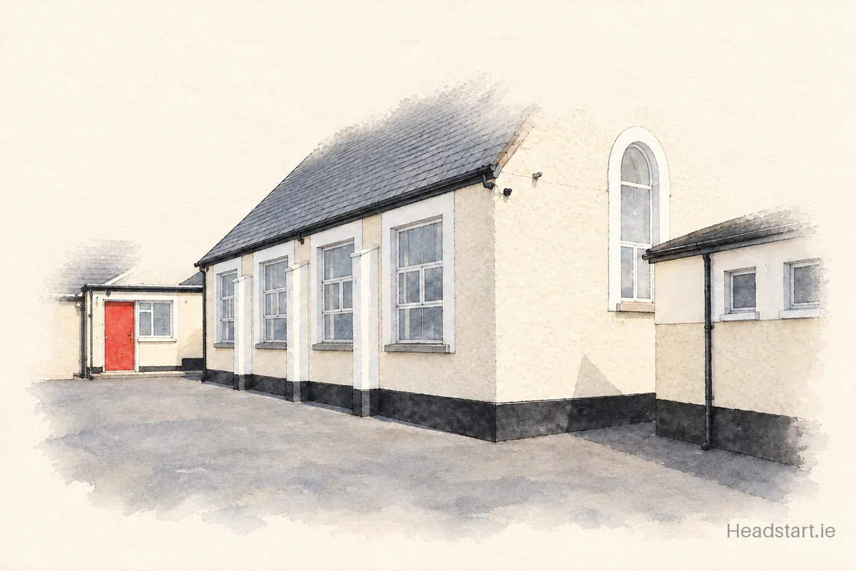Watercolour illustration of the Chapelizod National School building, Chapelizod