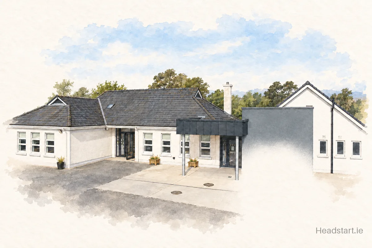 Watercolour illustration of the Ballyoughter National School building, Gorey