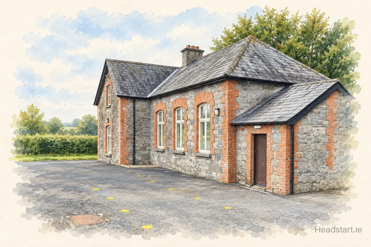 Watercolour illustration of the Castlepollard Paroc.N S building, Castlepollard