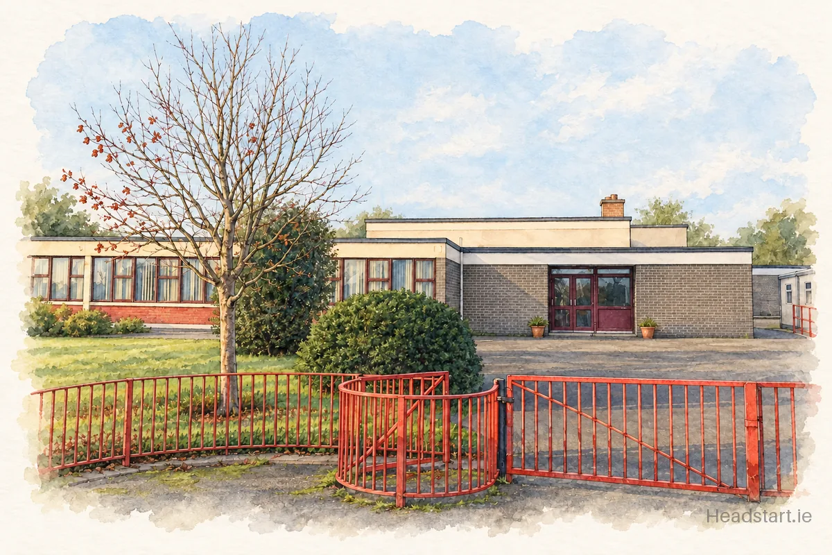 Watercolour illustration of the Scoil Náisiúnta Naomh Brid building, Listowel