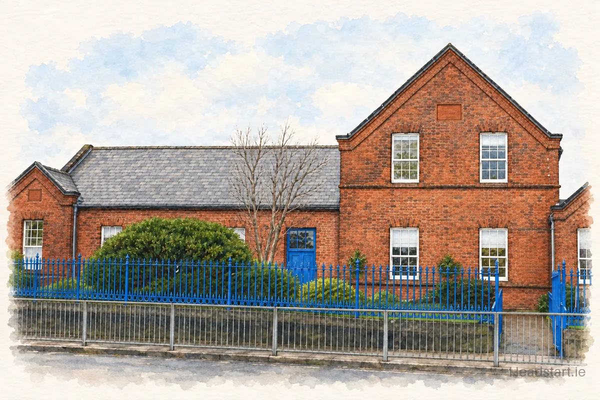 Watercolour illustration of the Scoil Náisiúnta Naomh Peadar building, Drogheda