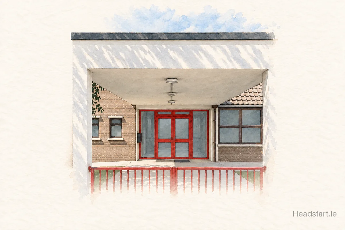 Watercolour illustration of the Portroe National School building, Nenagh