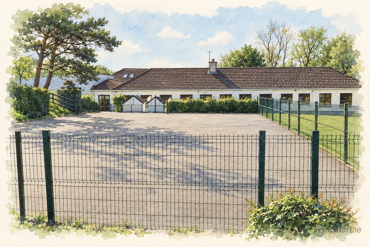 Watercolour illustration of the Brittas Bay Mixed National School building, Rathnew