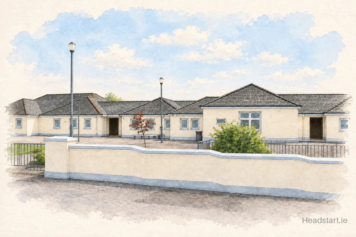 Watercolour illustration of the Faha National School building, Killarney