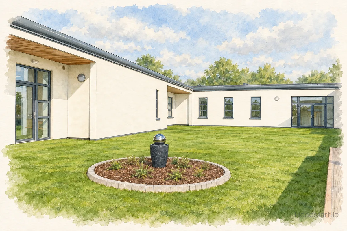 Watercolour illustration of the Mahoonagh National School building, Newcastle West