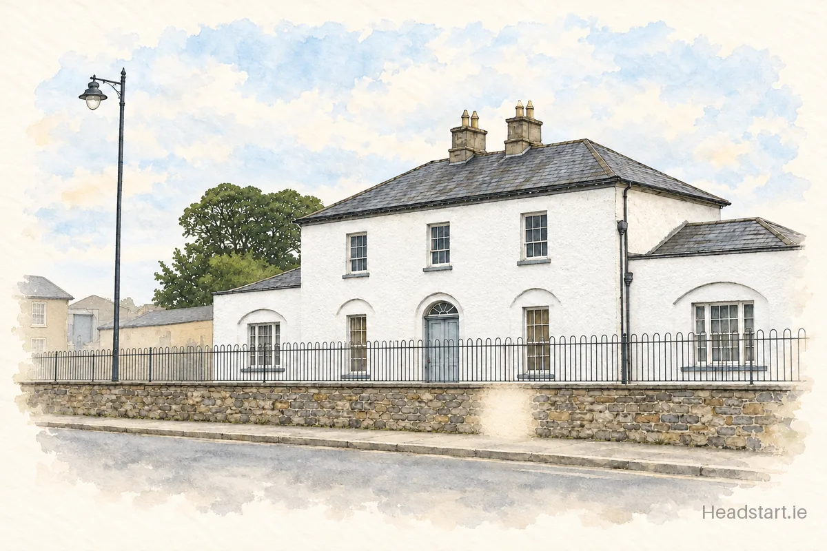 Watercolour illustration of the Cavan 1 National School building, Cavan