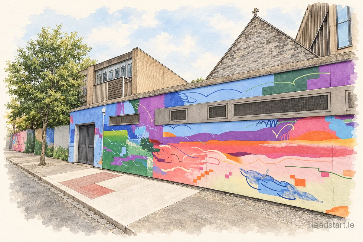 Watercolour illustration of the City Quay National School building, Dublin 2