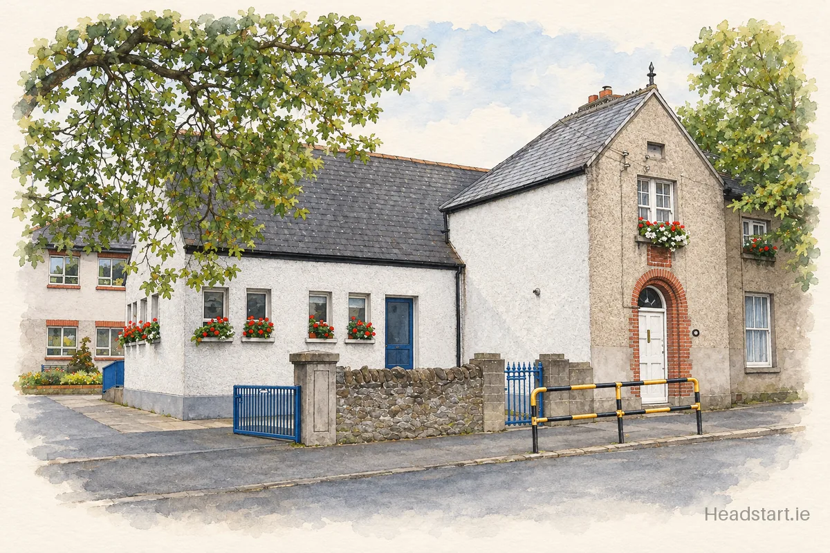 Watercolour illustration of the St Andrews National School building, Malahide