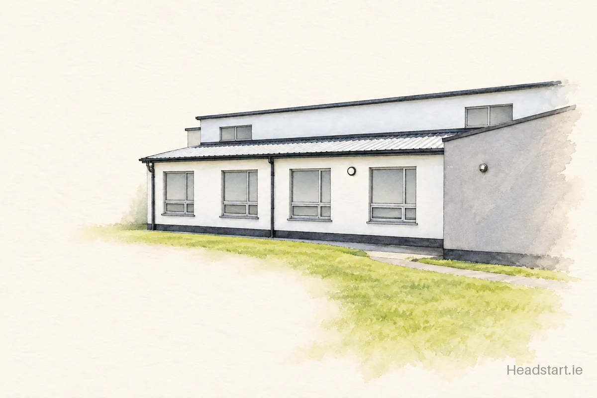 Watercolour illustration of the St Davids National School building, Naas