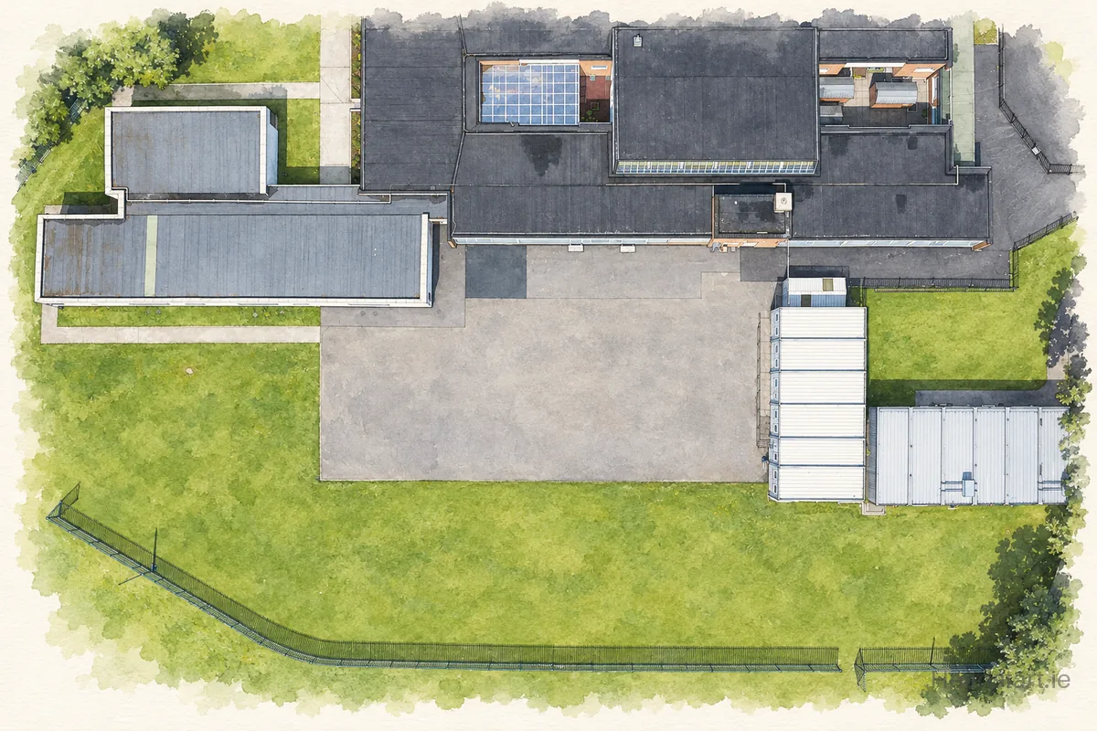 Watercolour illustration of the Scoil Mhuire building, Sandymount