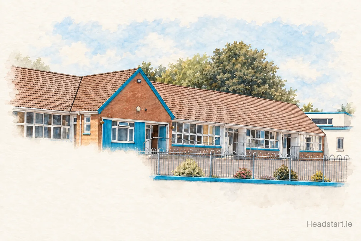 Watercolour illustration of the Whitegate Mixed National School building, Midleton