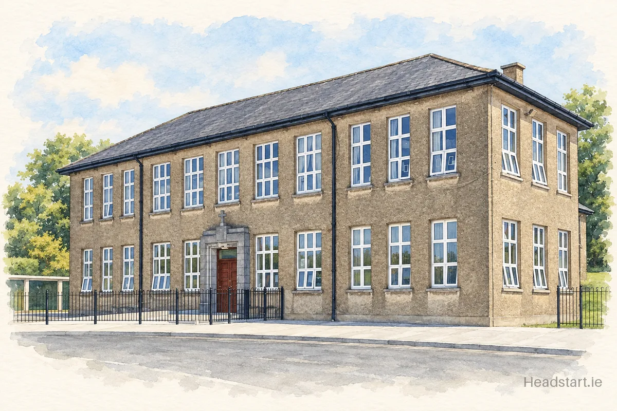 Watercolour illustration of the Our Lady Of Good Counsel National School Waterford building, Ferrybank