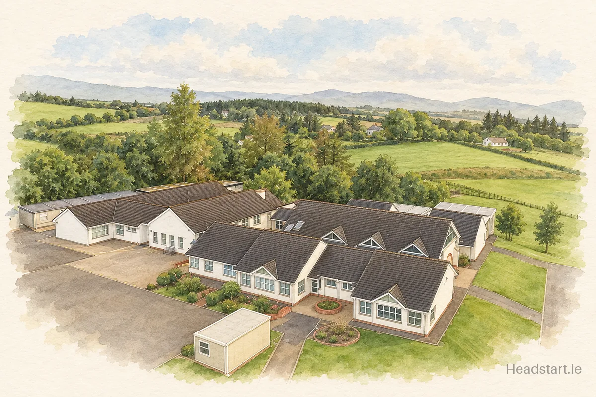 Watercolour illustration of the Scoil Naomh Fiachra Illistrin building, Letterkenny