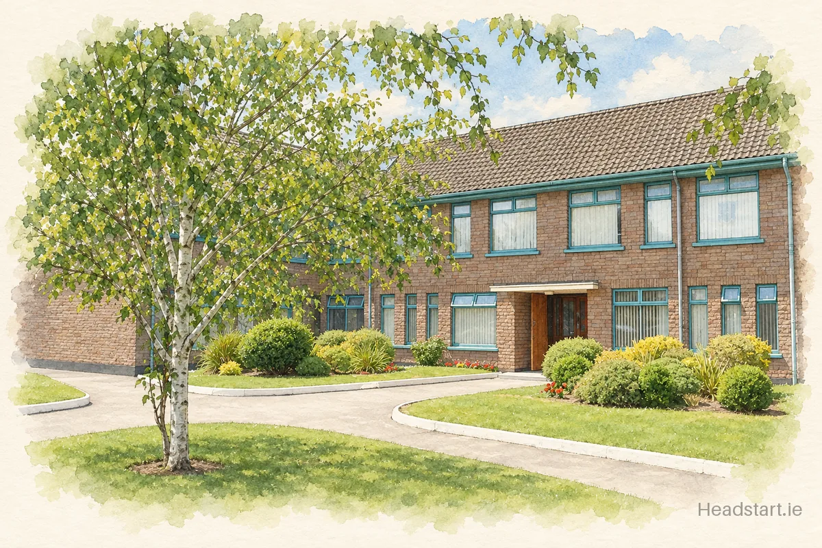 Watercolour illustration of the St Anthonys National School building, Ballinlough