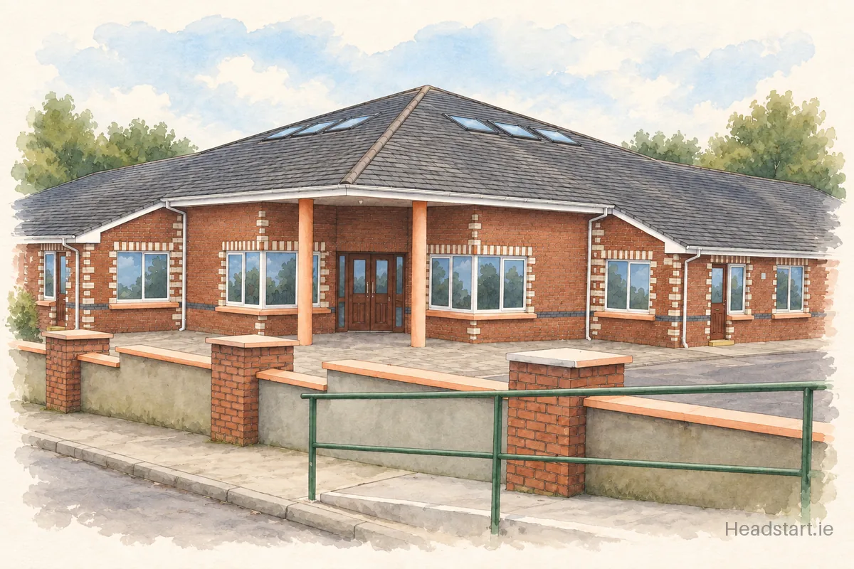 Watercolour illustration of the Walterstown National School building, Cobh