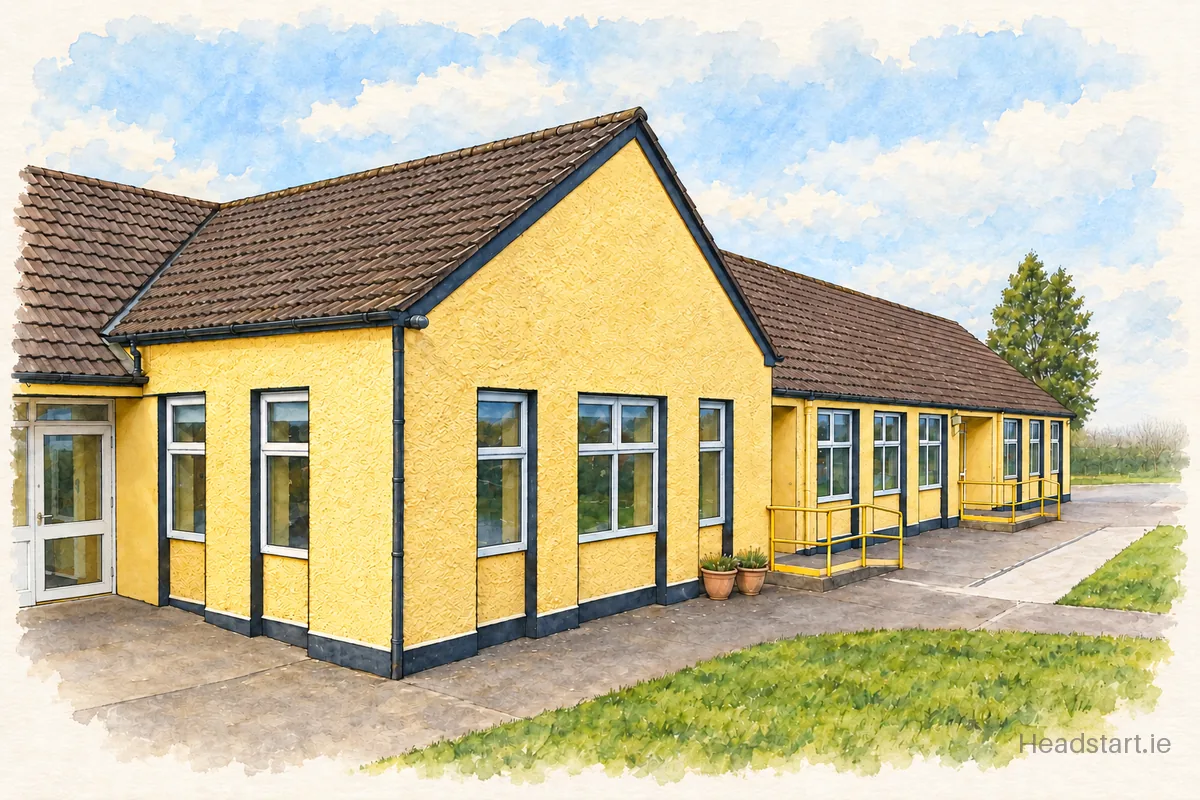 Watercolour illustration of the Canovee Mixed National School building, Macroom