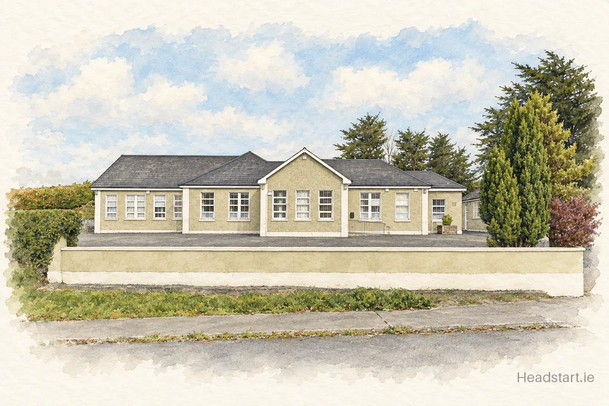 Watercolour illustration of the Darley National School building, Cootehill