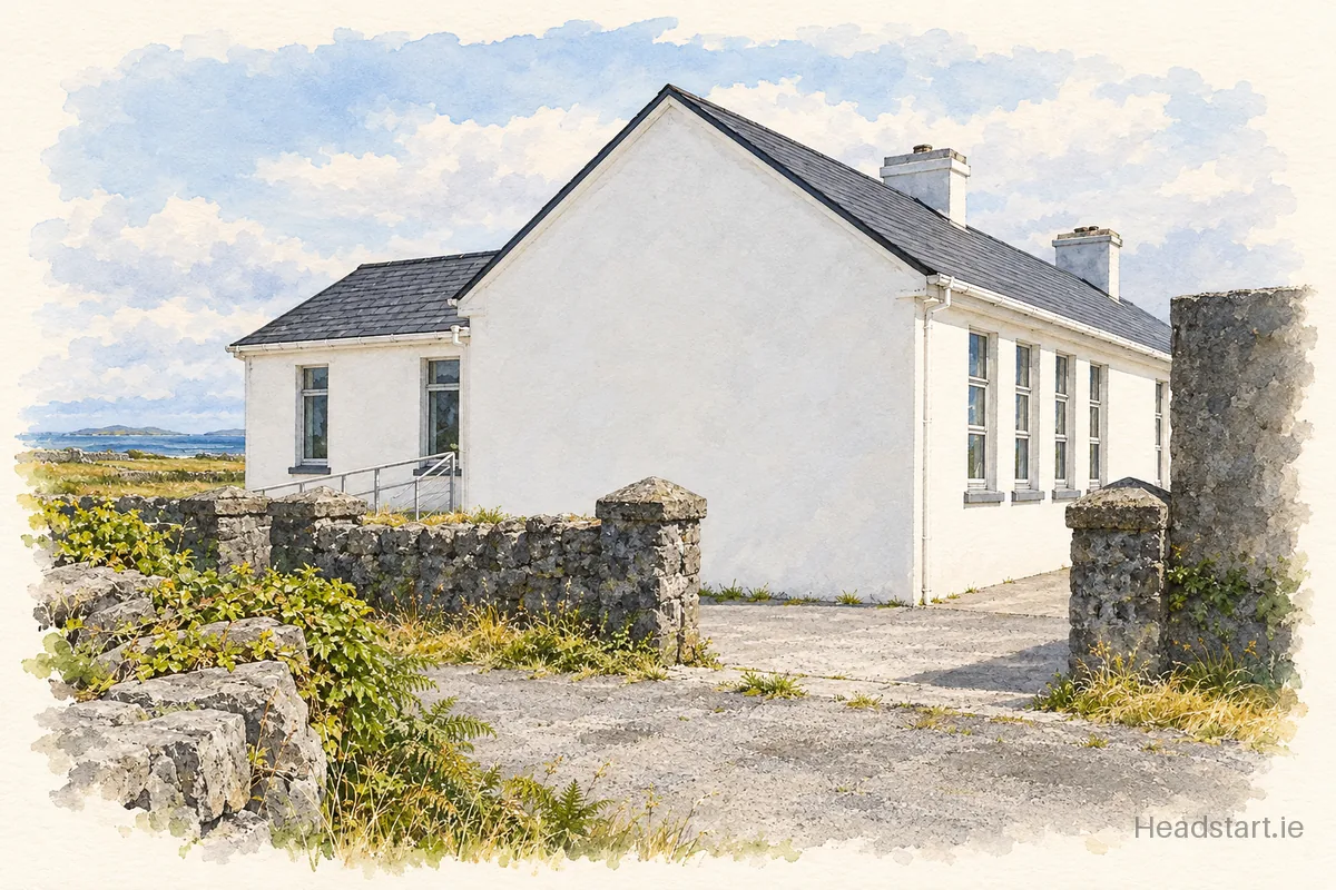 Watercolour illustration of the Scoil Náisiúnta Inis Meain building, Galway