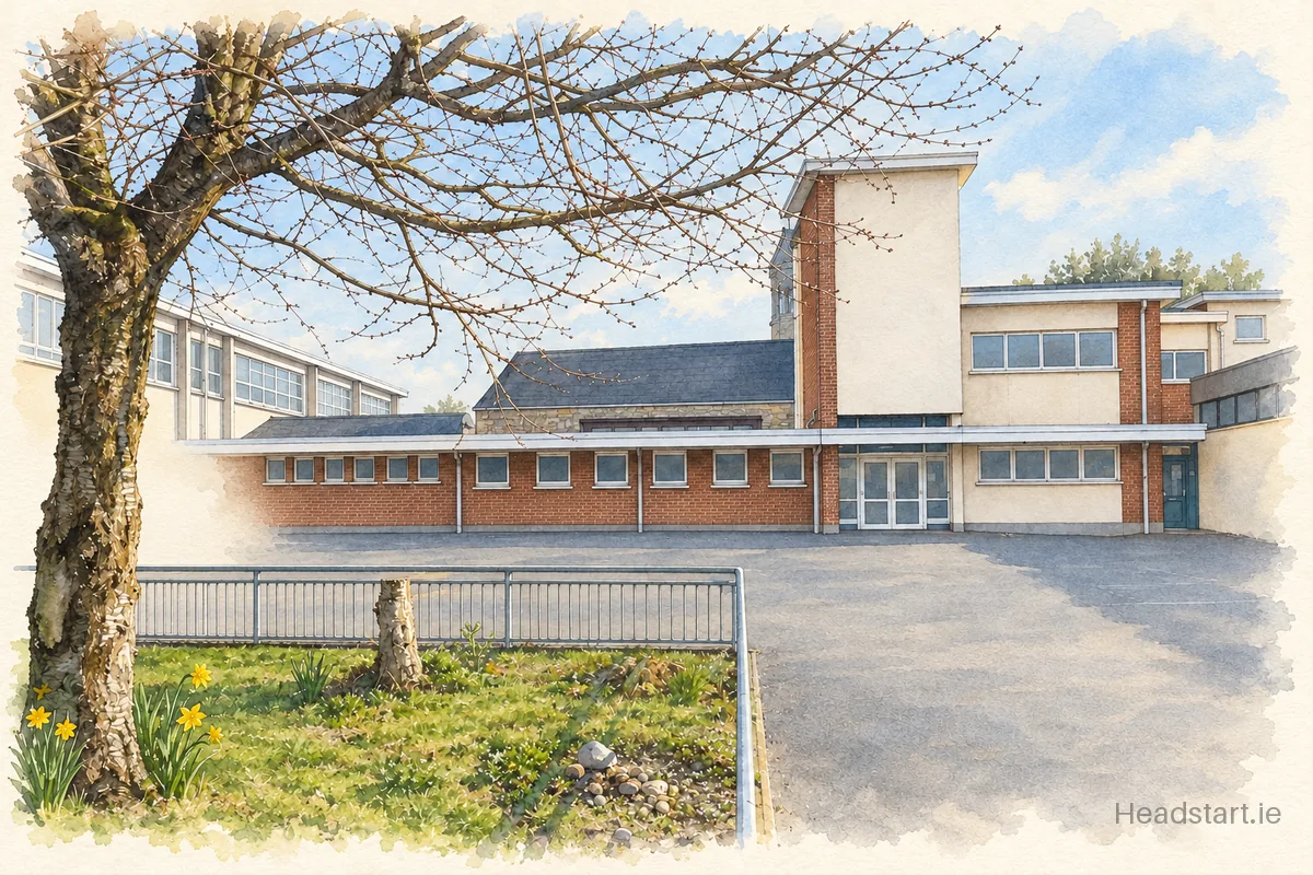 Watercolour illustration of the Scoil Náisiúnta Muire Na Naingeal building, Clonmel