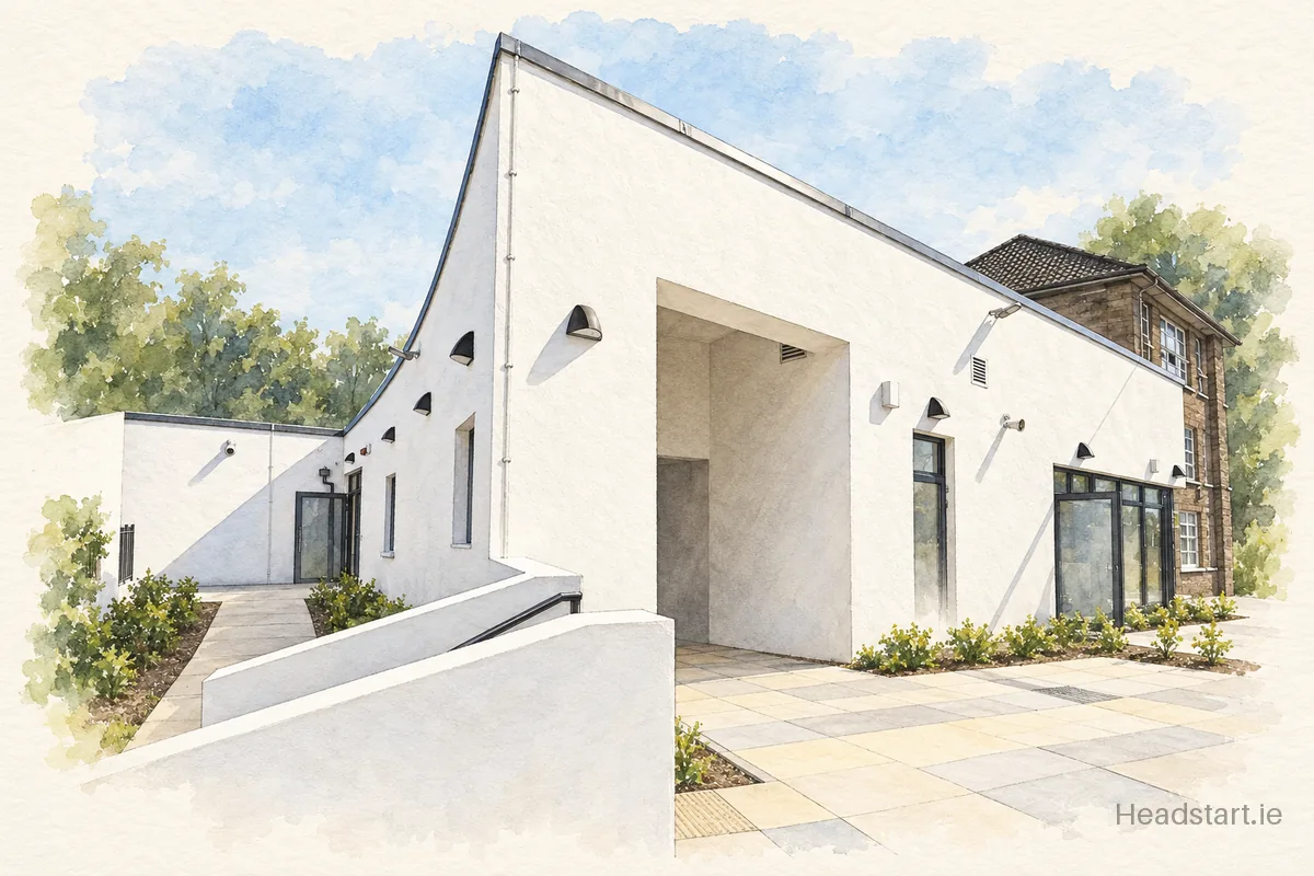 Watercolour illustration of the Scoil Mhuire Na Ngrás building, Cork (centre and southside)