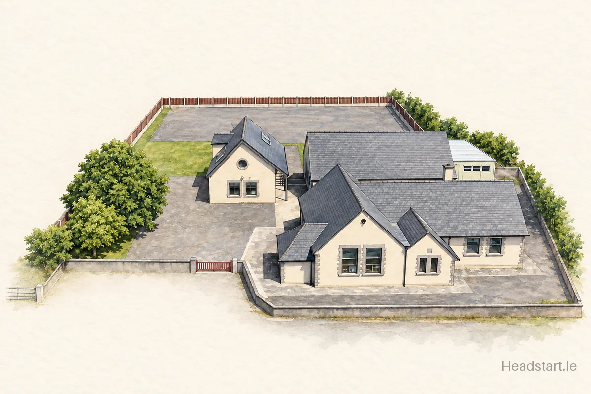 Watercolour illustration of the Coolard Mixed National School building, Listowel