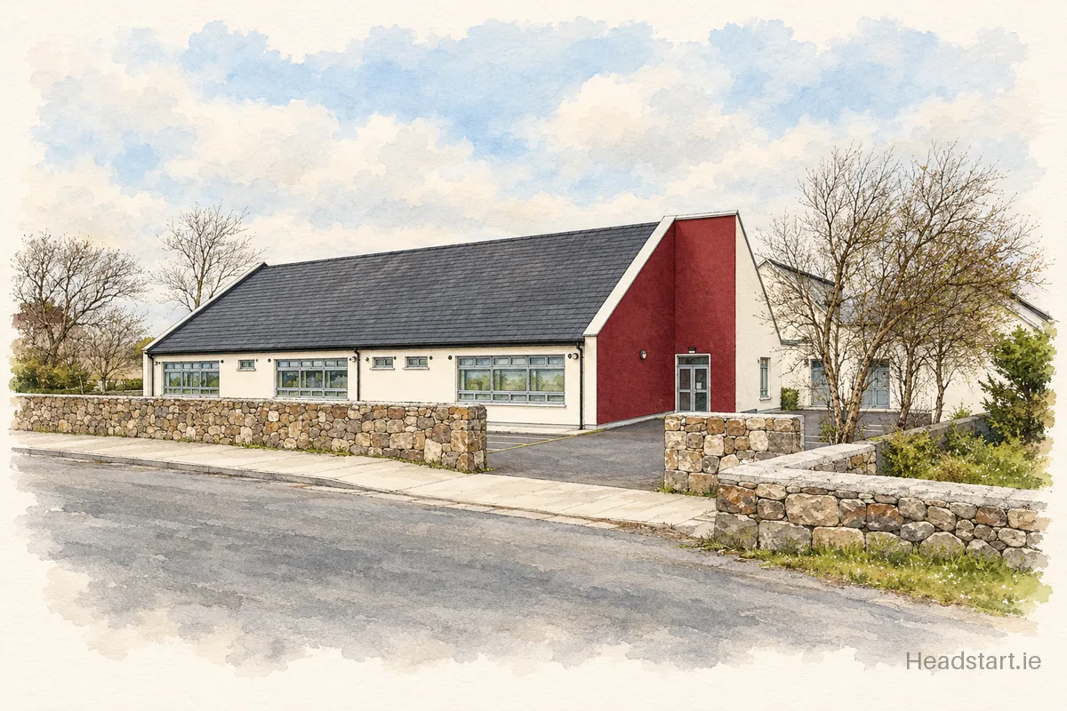 Watercolour illustration of the Scoil Náisiúnta Sailearna building, Galway