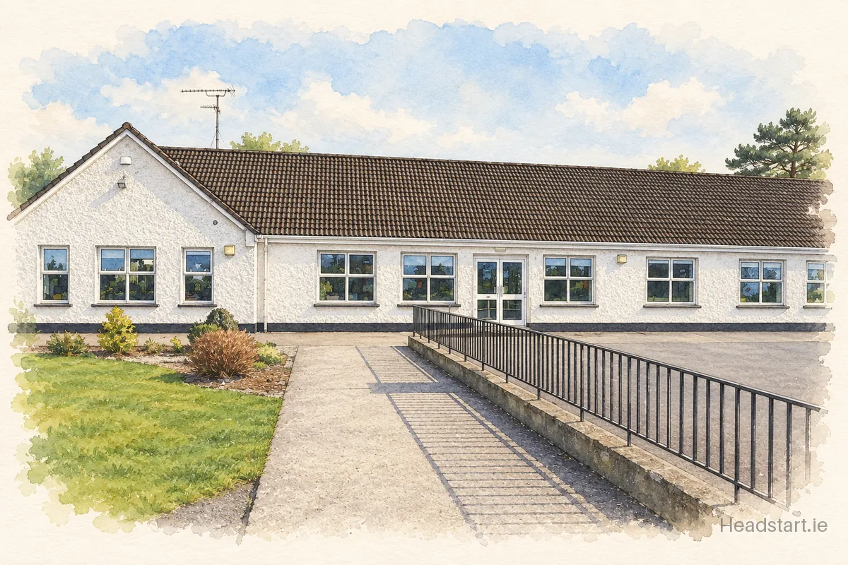 Watercolour illustration of the Flowerfield National School building, Navan