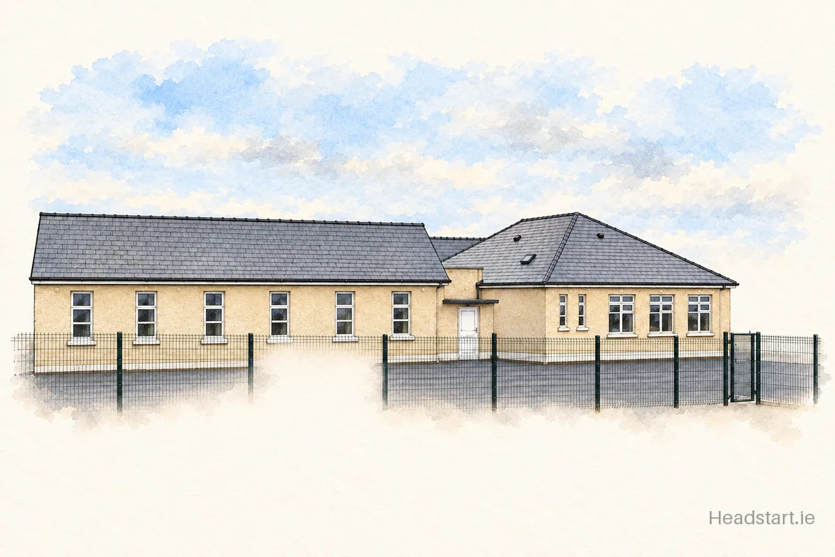 Watercolour illustration of the Scoil Náisiúnta Naomh Seosamh building, Roscommon
