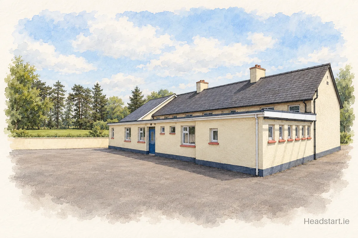 Watercolour illustration of the Inchigeela National School building, Macroom