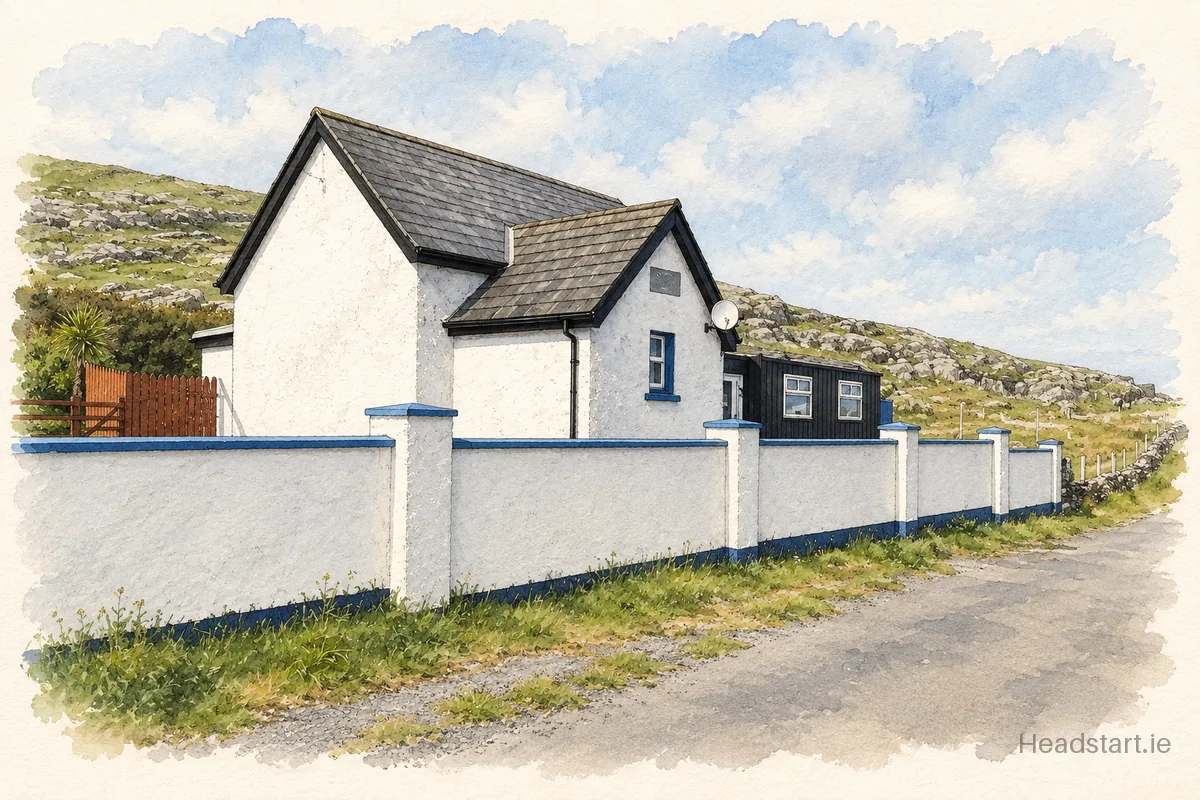 Watercolour illustration of the St Columbas National School building, Inishturk
