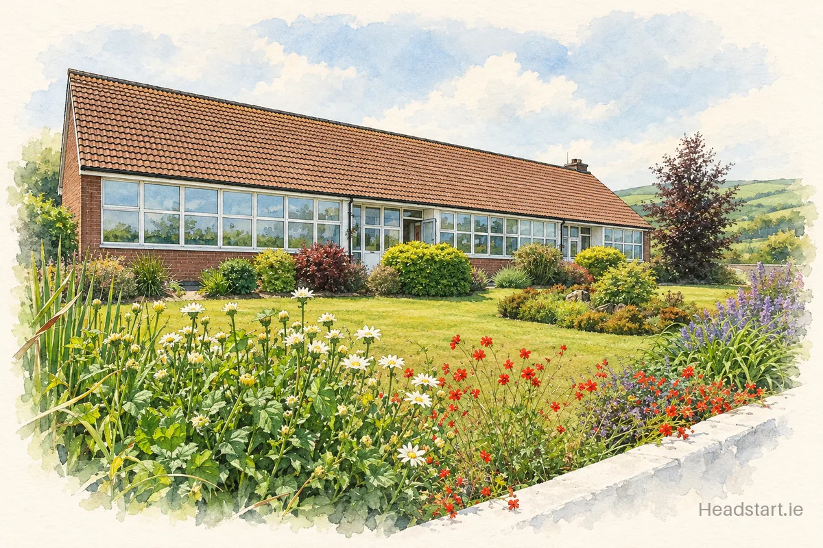 Watercolour illustration of the Ballycoog National School building, Avoca
