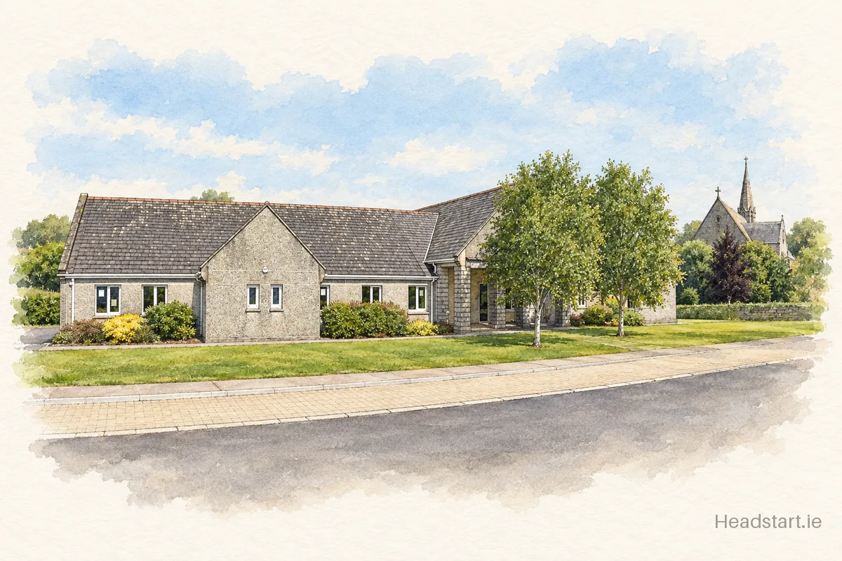 Watercolour illustration of the Cloughduv National School building, Cloughduv