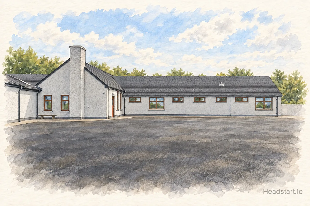 Watercolour illustration of the Scoil Bhride building, Bandon
