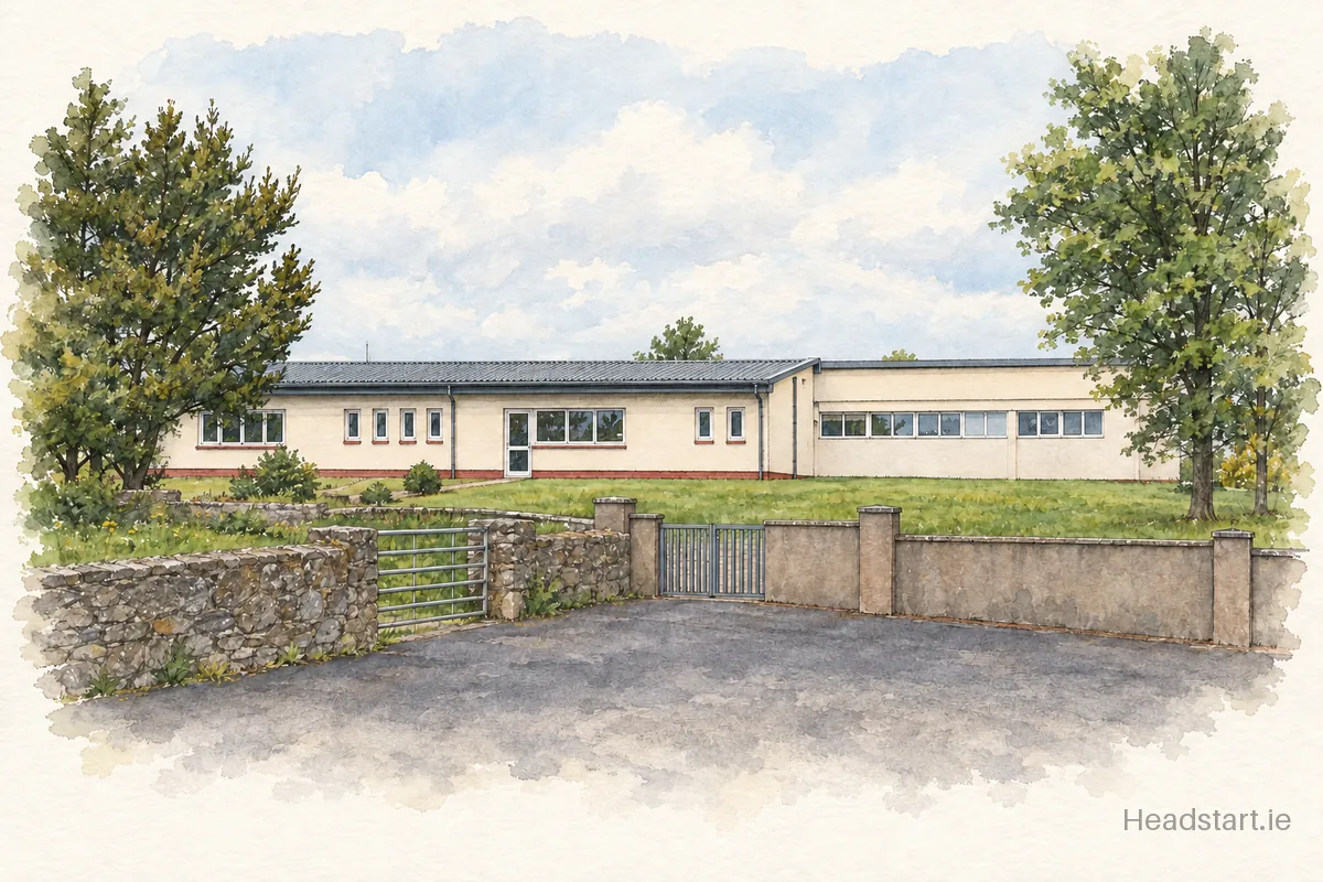 Watercolour illustration of the Scoil Náisiúnta An Trian Lair building, Claremorris